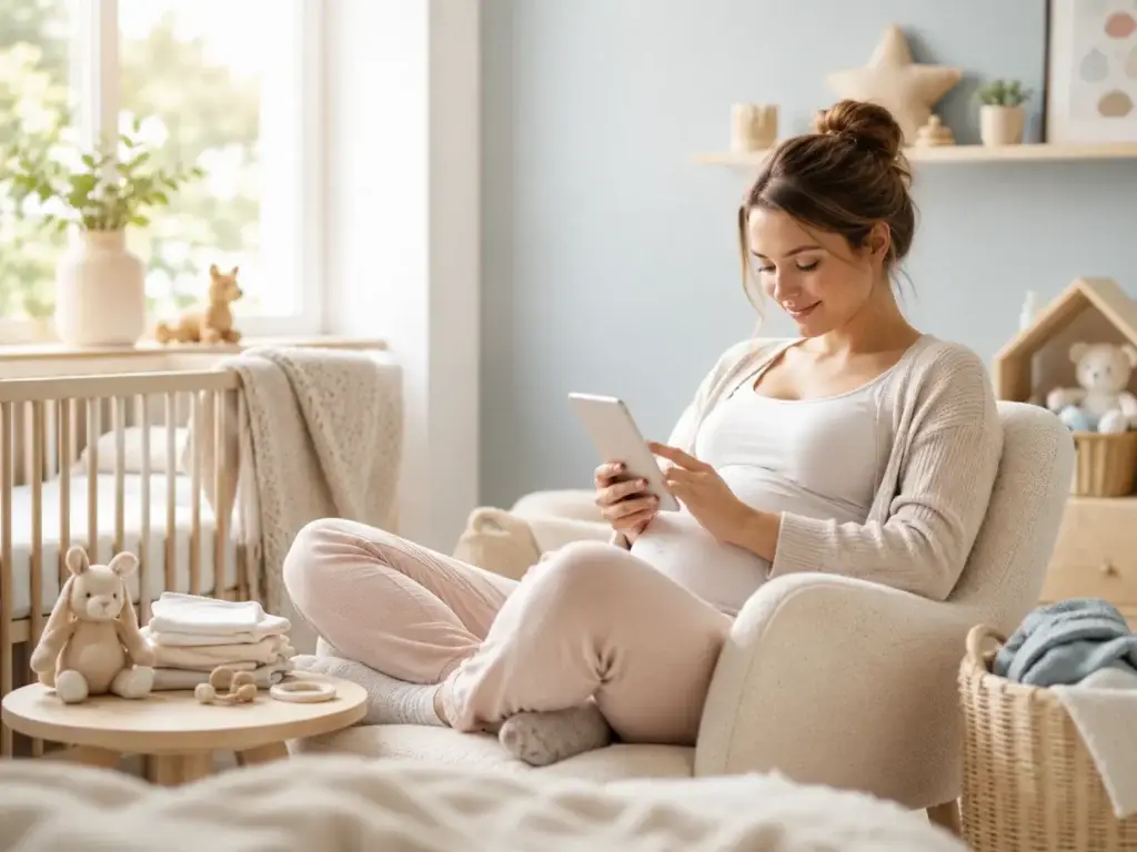 Zwangere vrouw gebruikt een tablet in een rustige babykamer om zich online aan te melden.