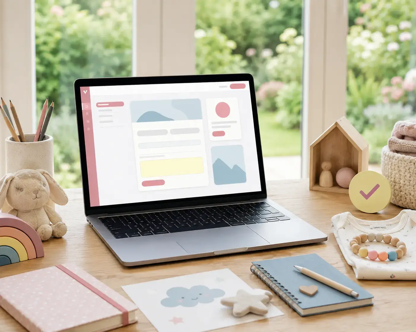 Laptop met aanmeldinterface op een houten bureau, omringd door babyspullen, houten speelgoed en zachte pasteltinten.