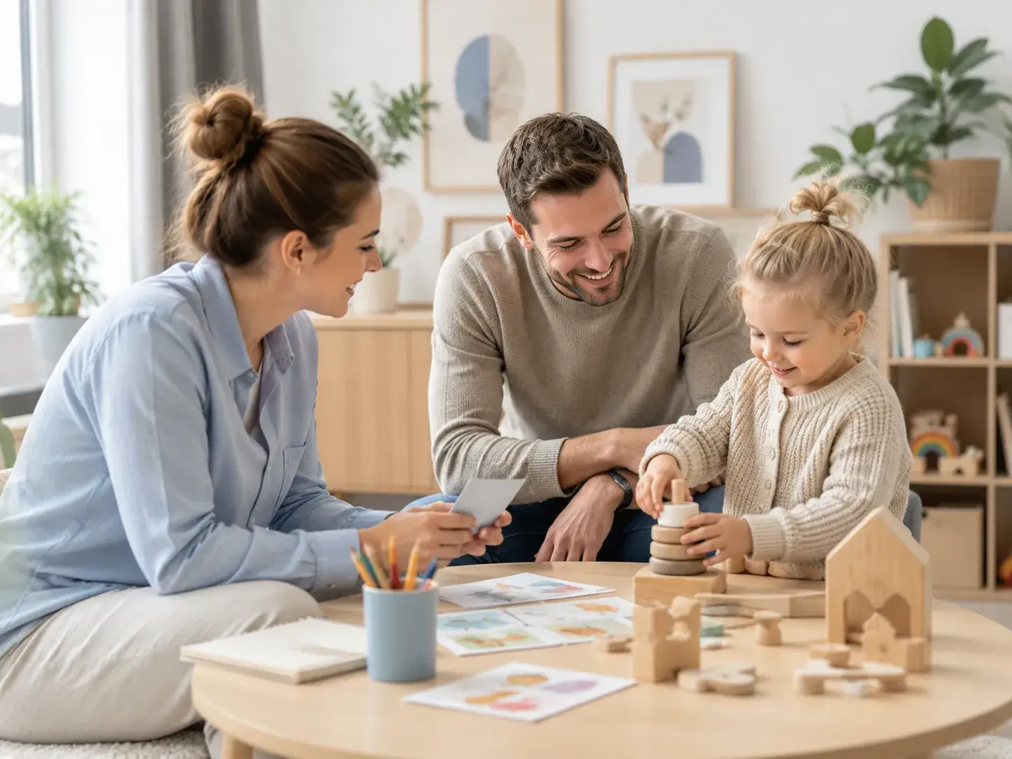 Ouders en een kinderdeskundige begeleiden een jong kind tijdens een creatieve activiteit met houten speelgoed.