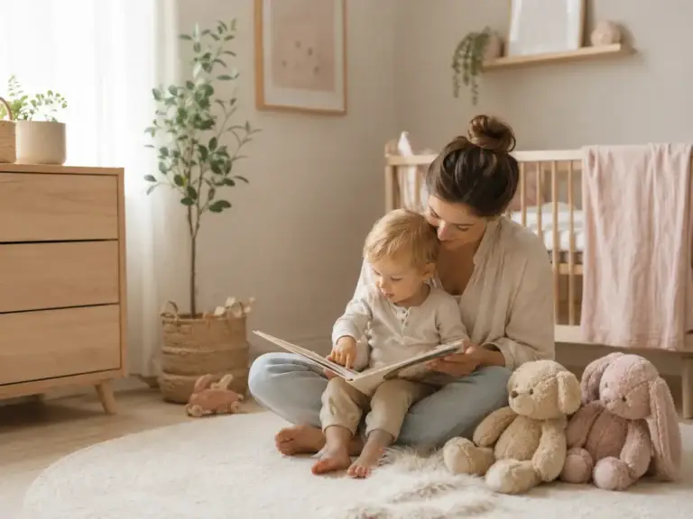 Moeder leest samen met haar peuter een prentenboek in een rustige kinderkamer met zachte knuffels.