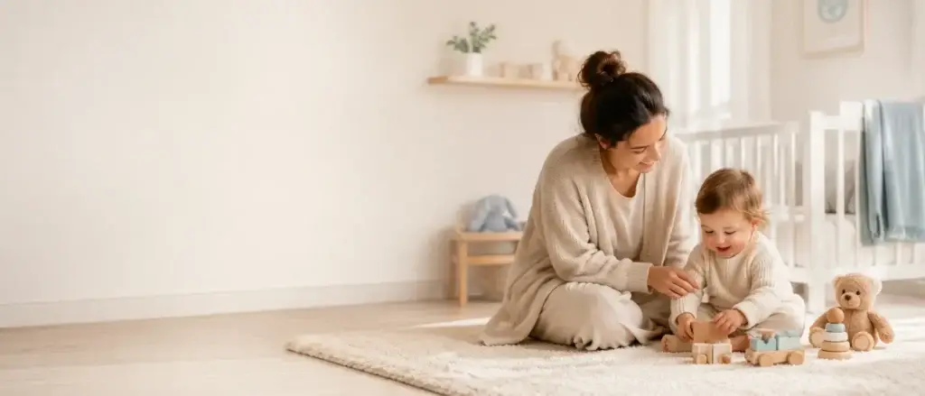 Moeder en peuter spelen met houten speelgoed in een lichte, sfeervolle babykamer.