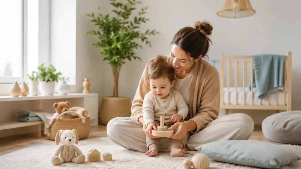 Moeder begeleidt haar peuter bij het spelen met houten speelgoed in een lichte en gezellige kinderkamer.