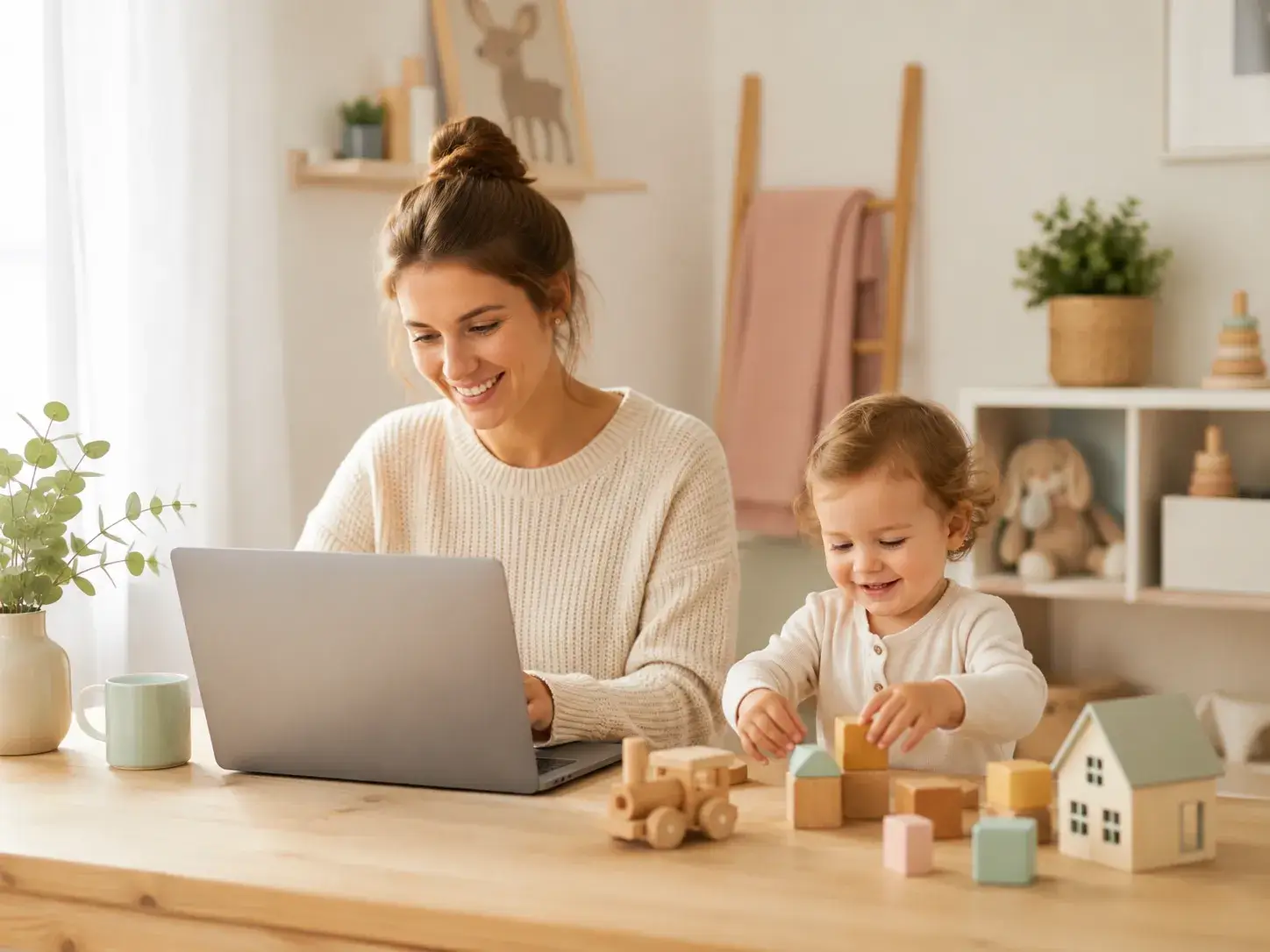 Moeder gebruikt een laptop om zich te registreren terwijl haar peuter met houten speelgoed speelt.