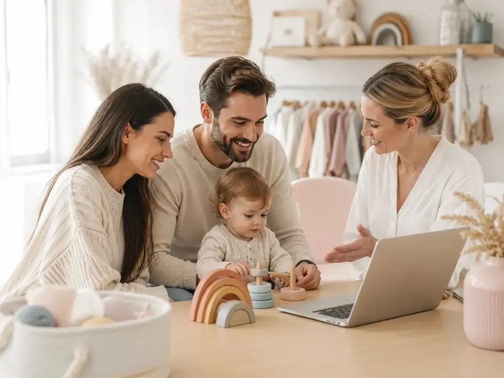 Ouders krijgen hulp bij de online registratie terwijl hun kind met educatief speelgoed speelt.