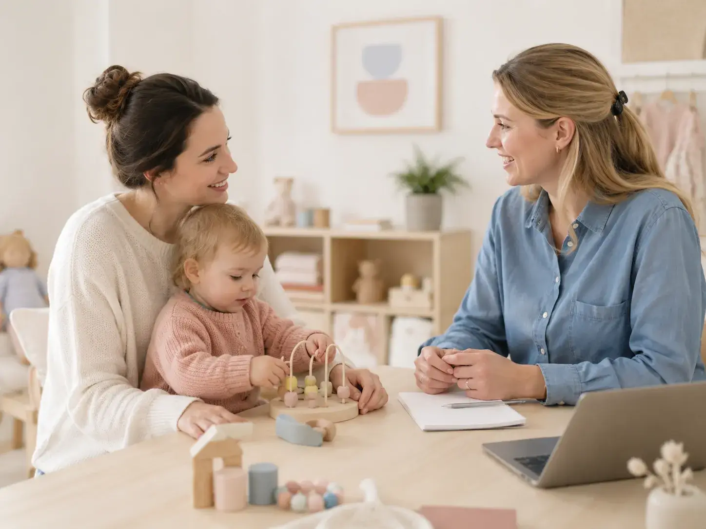 Moeder met peuter in gesprek met een deskundige terwijl het kind met educatief speelgoed speelt.