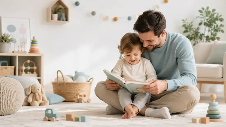 Vader en peuter lezen samen een kinderboek in een gezellige en kindvriendelijke woonkamer.