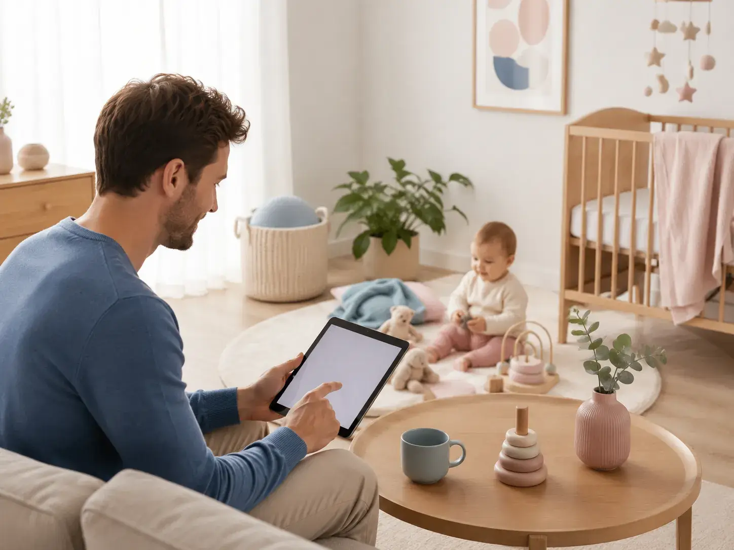 Vader gebruikt een tablet in de kinderkamer terwijl zijn baby veilig op de speelmat zit.